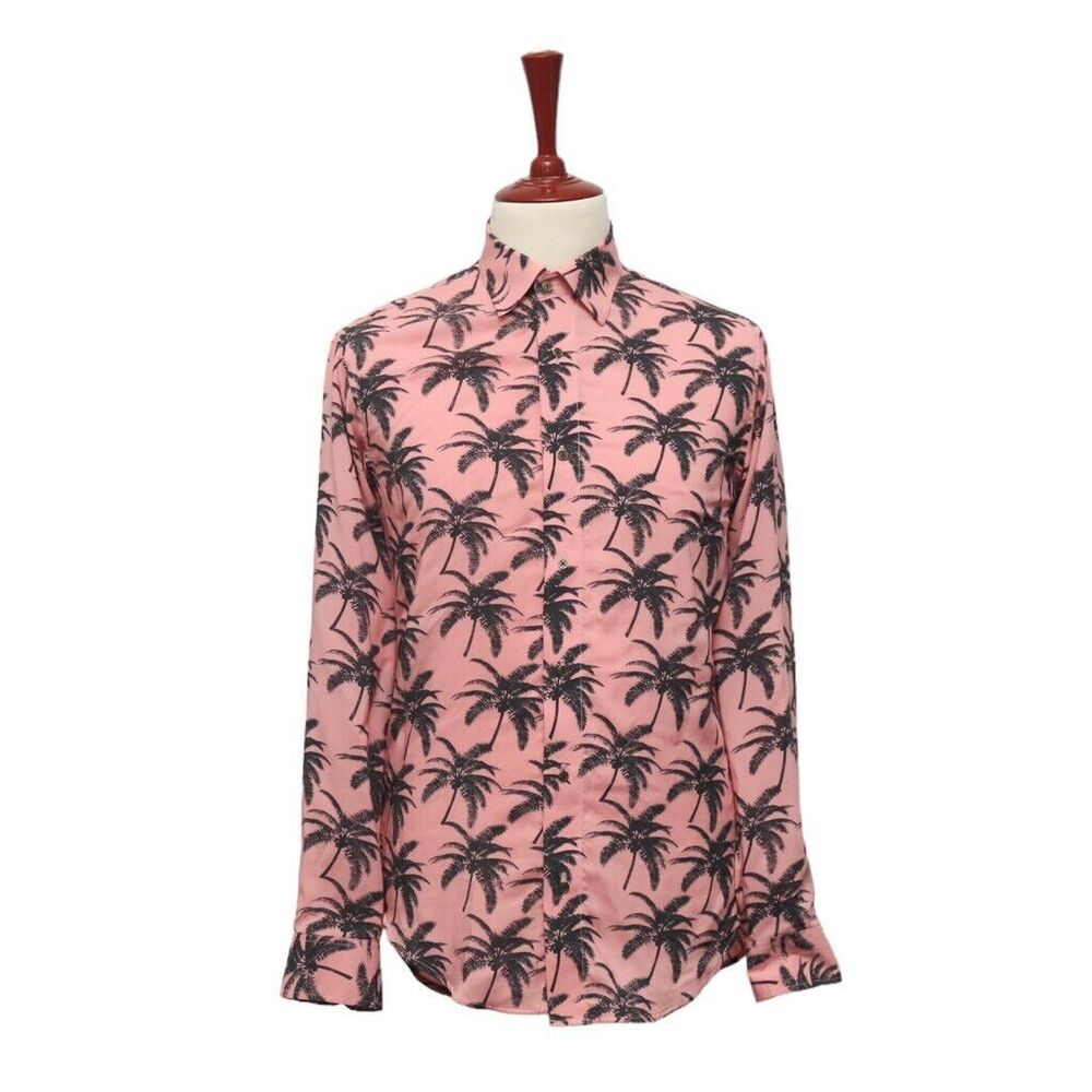 Mens Silky Shirt Button Up Pink Palm Trees Floral Tropical Hawaiian Beach Medium